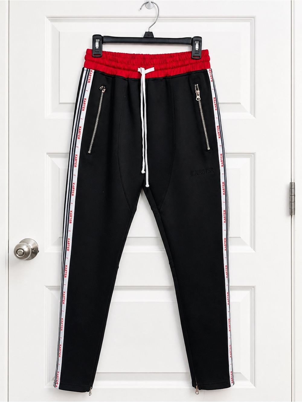 Karter Collection Track Pants Mens Medium Black Red Side Stripe Zipper Ankle Jog